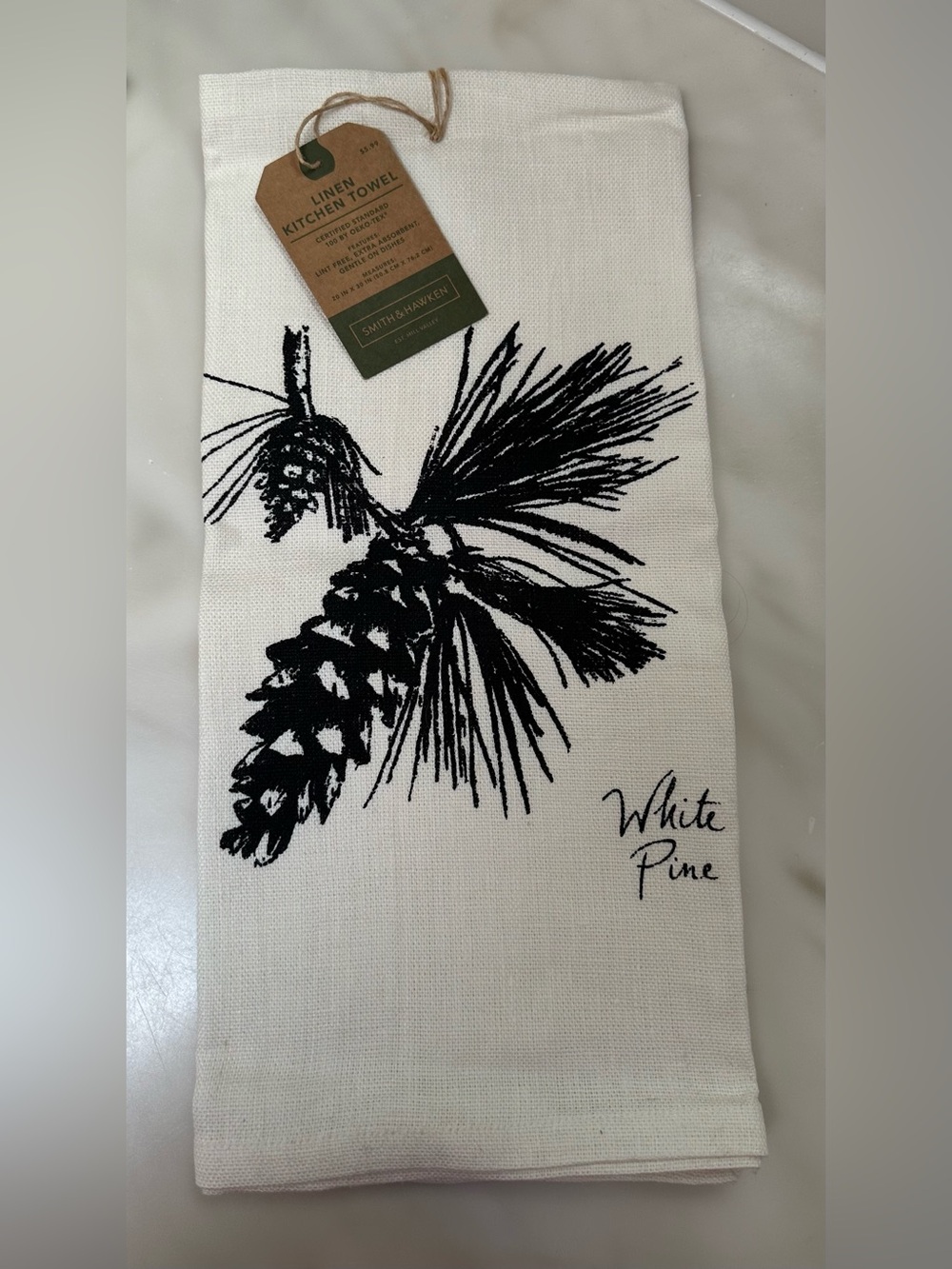 NWT Smith & Hawken Natural Linen Kitchen Towel Black Pinecone White Pine Print